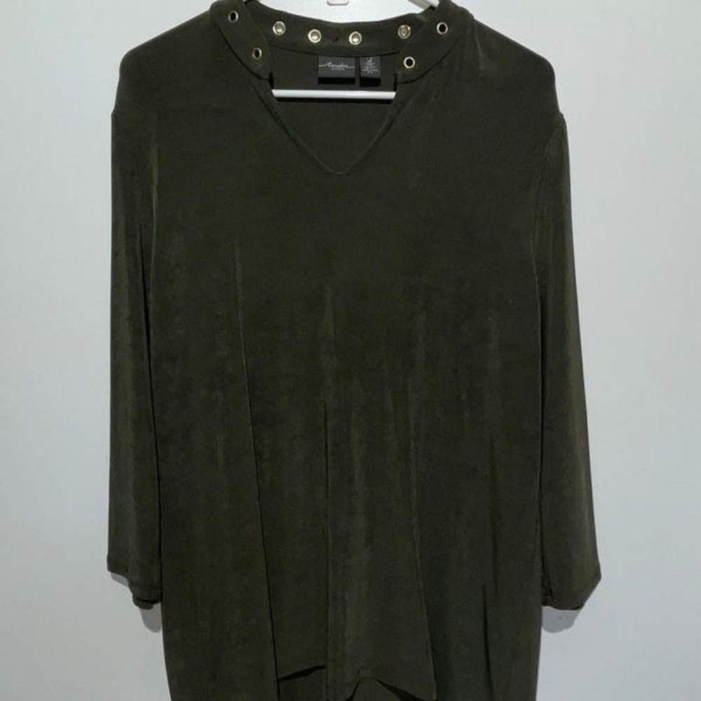 Travelers By Chico's Womens Green Grommet Detail 3/4 Sleeve Tunic Top Sz 2/Large